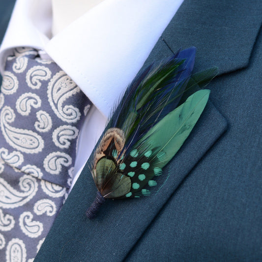 Navy Blue and Bottle Green Feather Boutonniere | Duck Feather Hat Pin | Pheasant Feather Brooch
