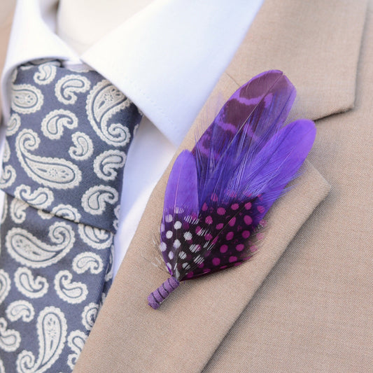 Vibrant Purple Polka Dot Feather Pin | Pheasant Feather Boutonniere | Feather Brooch | Feather Hat Pin
