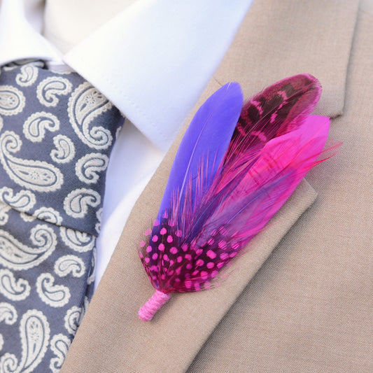 Shades of Pink and Purple Feather Boutonniere | Pheasant Feather Hat Pin | Feather Brooch
