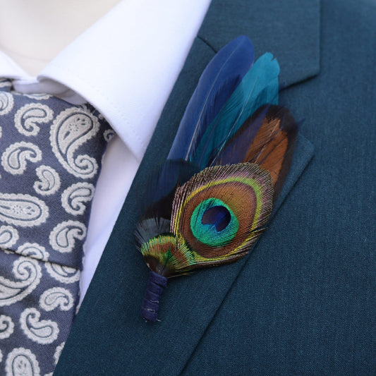 Navy and Teal Peacock Feather Boutonniere / Hat Pin | Peacock Feather Brooch
