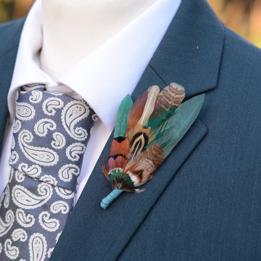 Green and Teal Pheasant Feather Lapel Pin / Hat Pin | Feather Boutonniere | Duck Feather Brooch