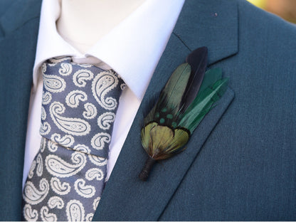 Feather Brooch Pin in Black and Bottle Green | Duck Feather Boutonniere | Feather Hat Pin