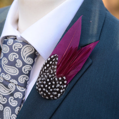 Plum Purple Feather Lapel Pin with Spotted Guinea Fowl Feathers | Feather Boutonniere | Feather Brooch | Feather Hat Pin | Plum Lapel Pin