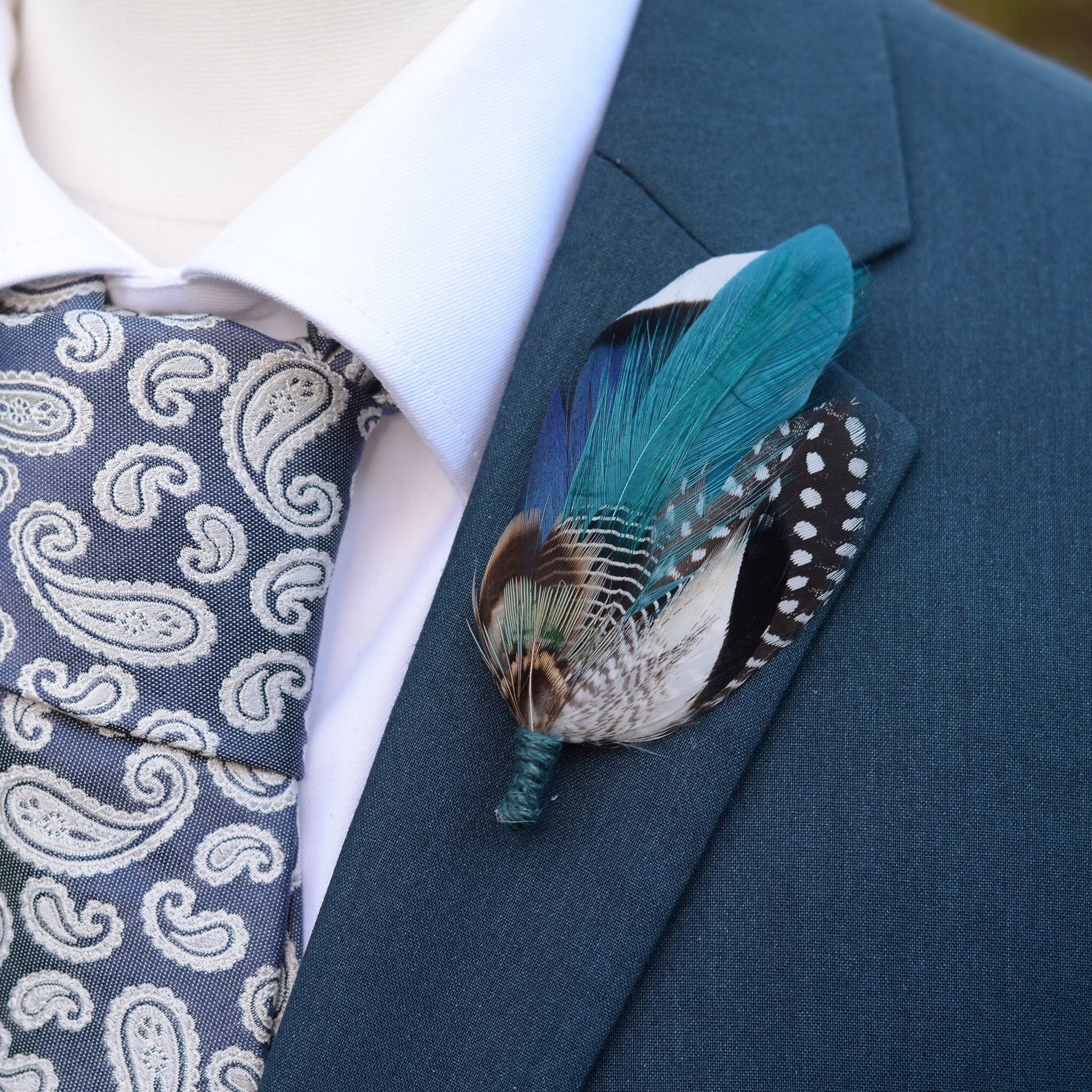 Blue and Teal Duck Feather Lapel Pin | Duck Feather Boutonniere | Pheasant Feather Brooch | Feather Hat Pin