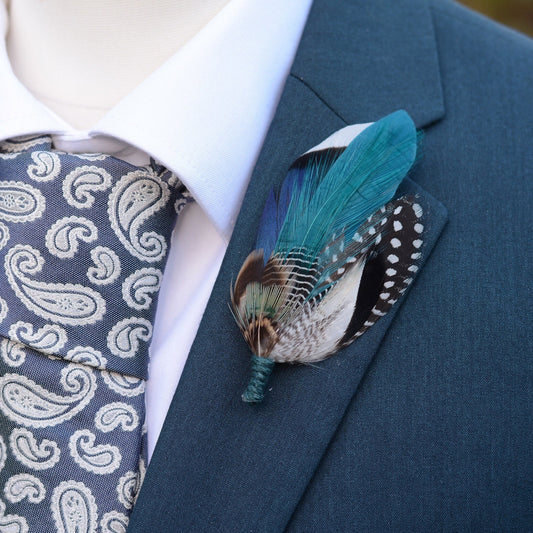 Blue and Teal Duck Feather Lapel Pin | Duck Feather Boutonniere | Pheasant Feather Brooch | Feather Hat Pin