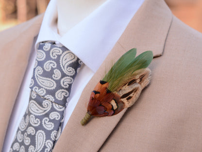 Green and Copper Pheasant Feather Lapel Pin | Feather Boutonniere | Duck Feather Brooch
