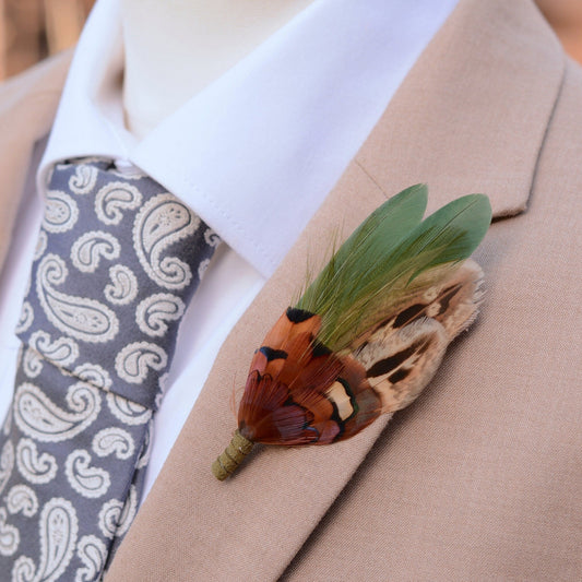 Green and Copper Pheasant Feather Lapel Pin | Feather Boutonniere | Duck Feather Brooch