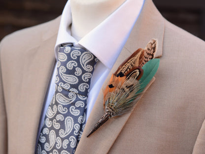 Natural Pheasant Feather Boutonniere / Hat Pin | Pheasant Feather Brooch | Wedding Corsage
