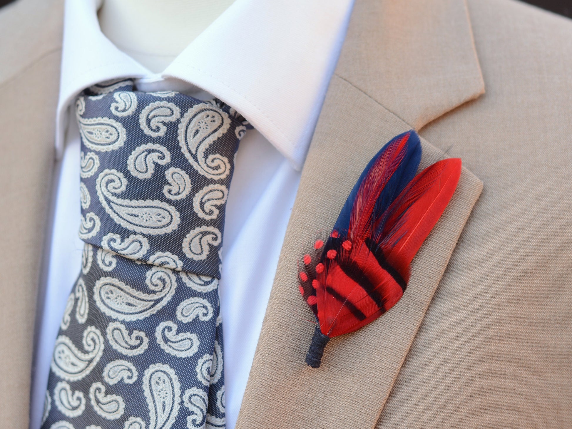 Navy Blue and Red Feather Boutonniere | Duck Feather Pin | Feather Hat Pin