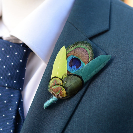 Teal and Peacock and Pheasant Feather Boutonniere Pin | Peacock Feather Brooch