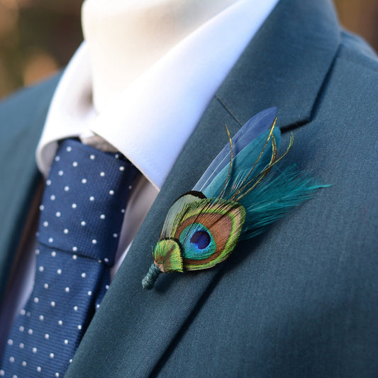 Teal and Navy Peacock Feather Boutonniere | Peacock Feather Corsage | Peacock Feather Brooch