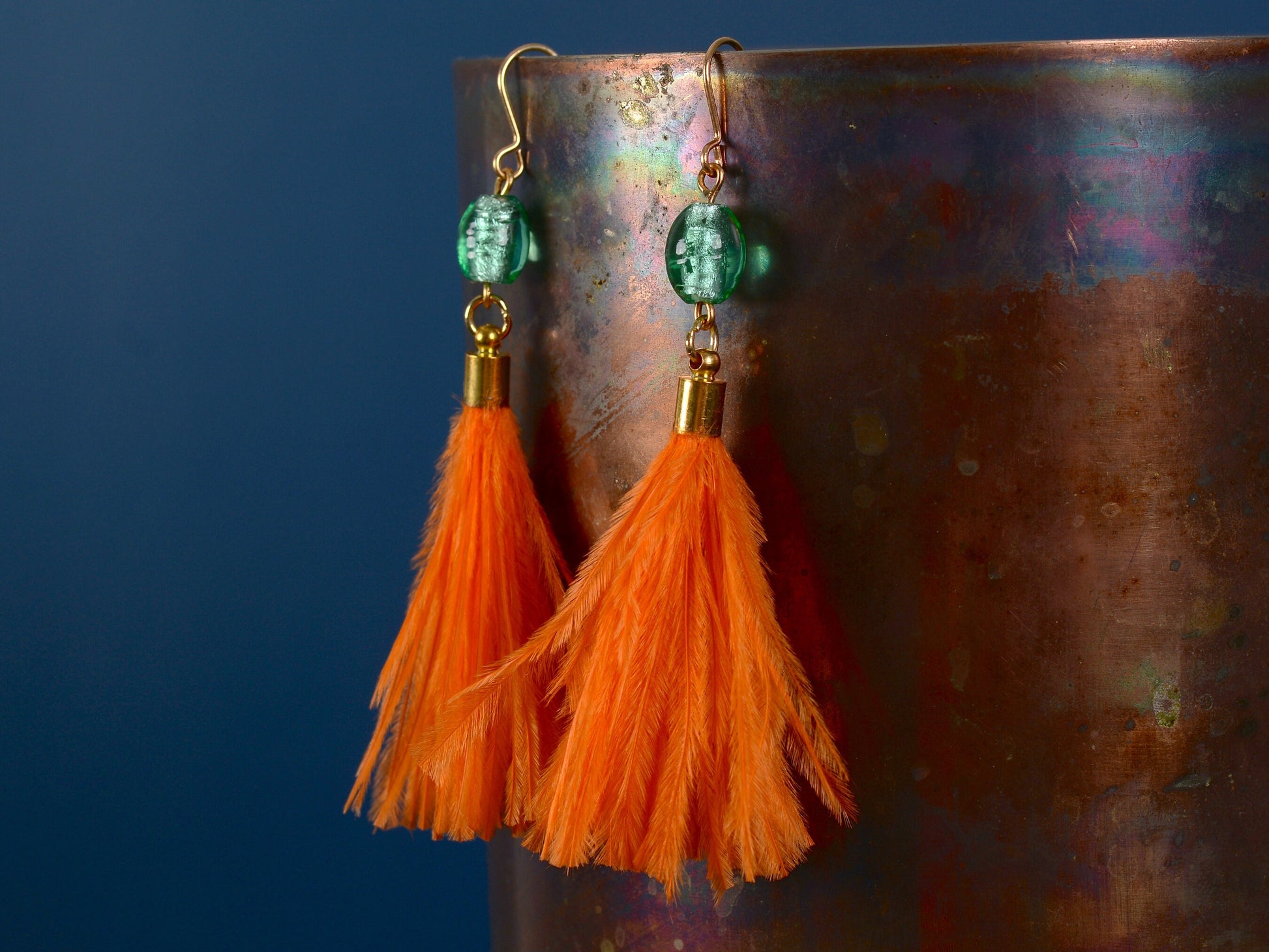 Orange and Turquoise Ostrich Feather Tassel Earrings | Festival Earrings | Feather Jewellery | Festival Jewellery | Long Earrings