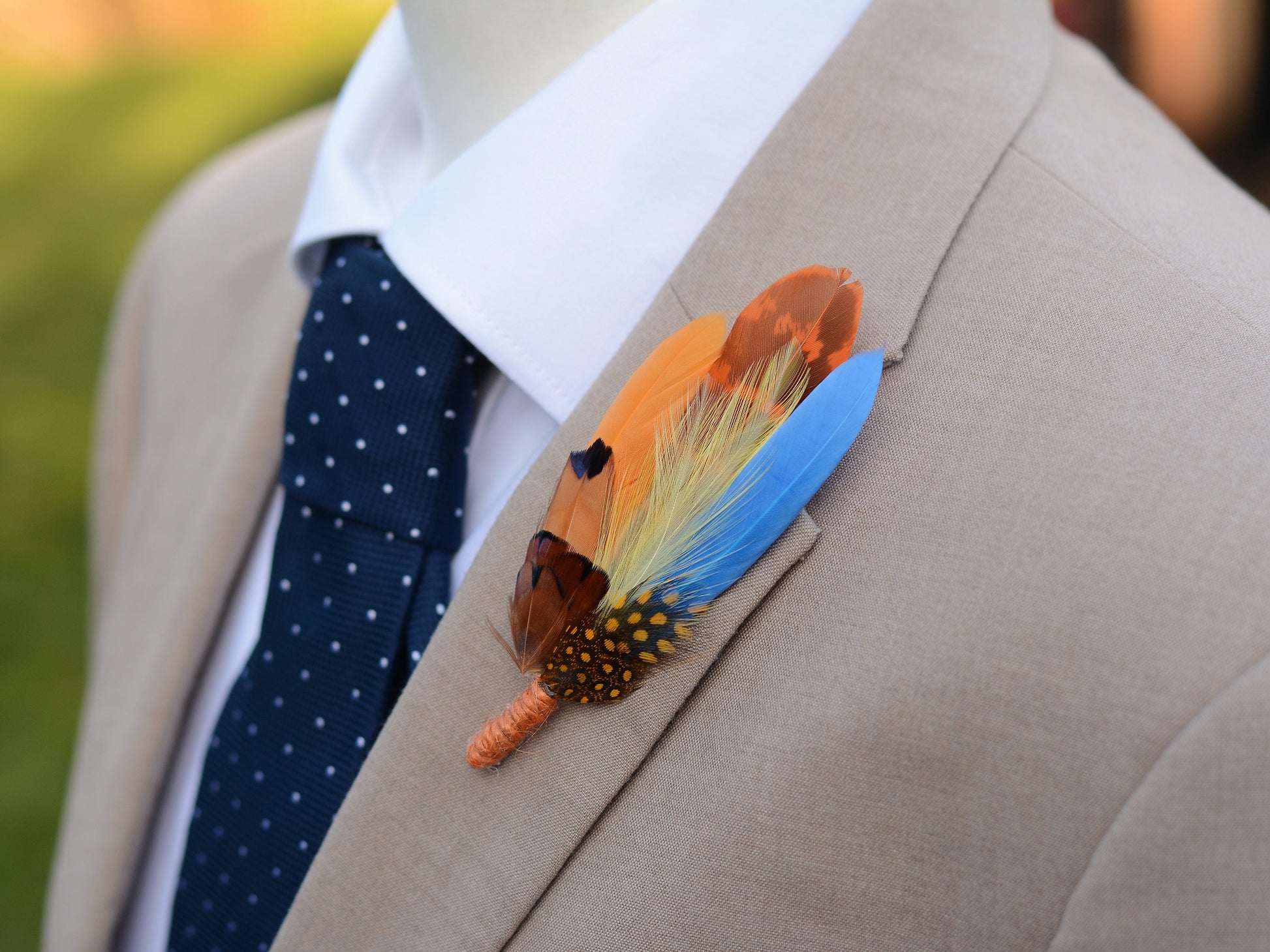 Sky Blue, Mustard Yellow, Orange and Pheasant Feather Lapel Pin | Pheasant Feather Boutonniere | Feather Brooch | Feather Hat Pin