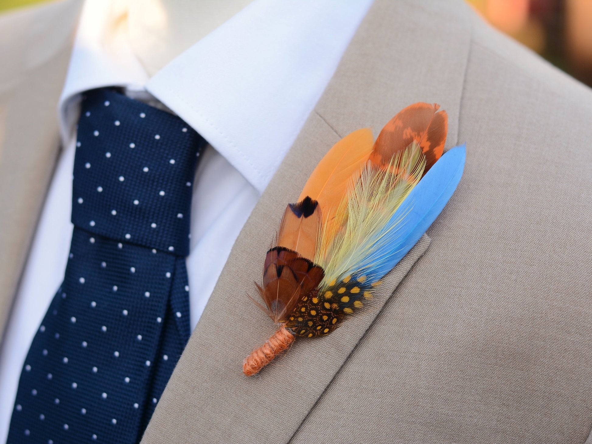 Sky Blue, Mustard Yellow, Orange and Pheasant Feather Lapel Pin | Pheasant Feather Boutonniere | Feather Brooch | Feather Hat Pin