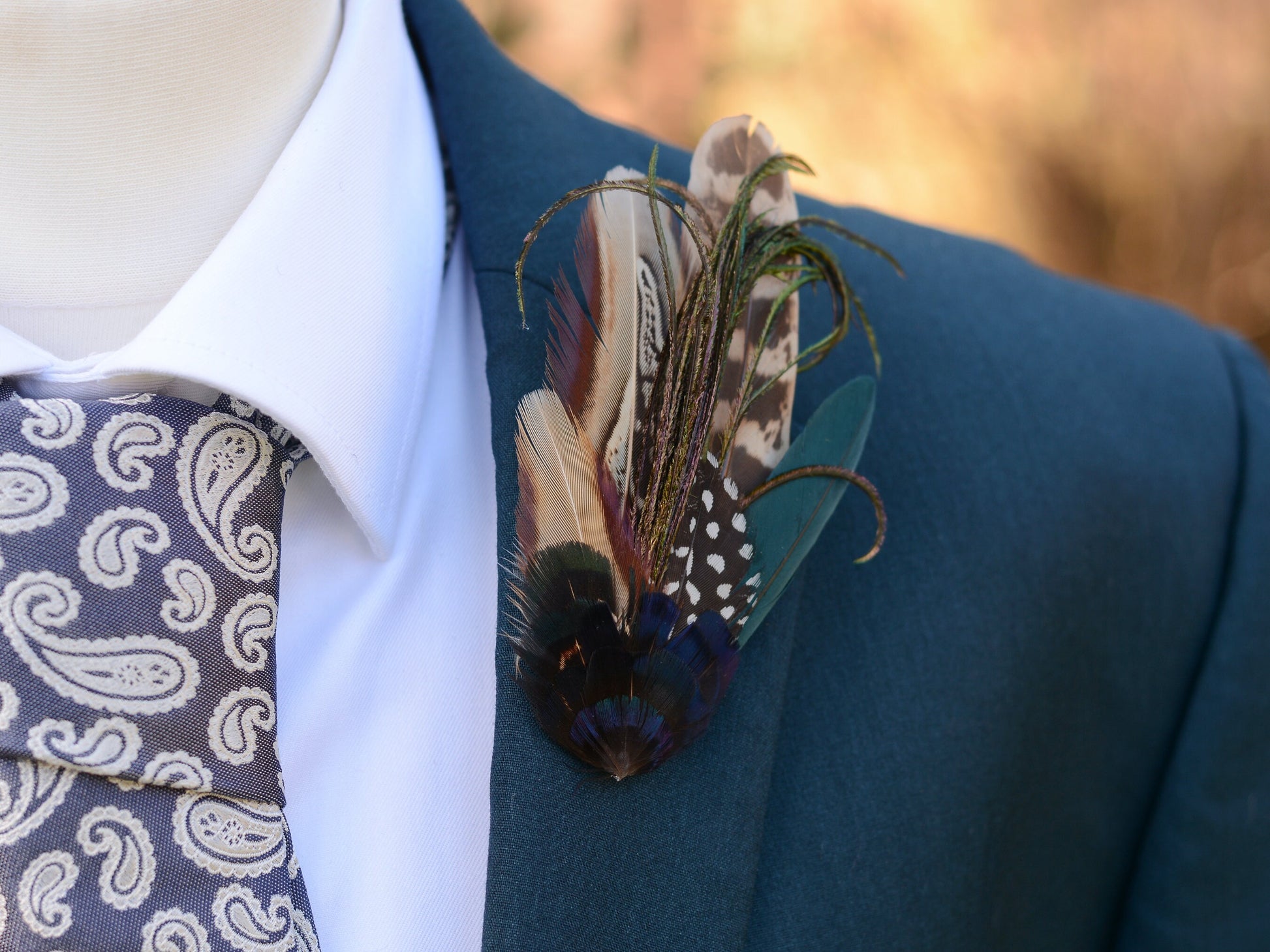 Navy Blue and Pheasant Feather Lapel Pin / Hat Pin No.162 | Unique Pheasant Feather Boutonniere | Duck Feather Brooch
