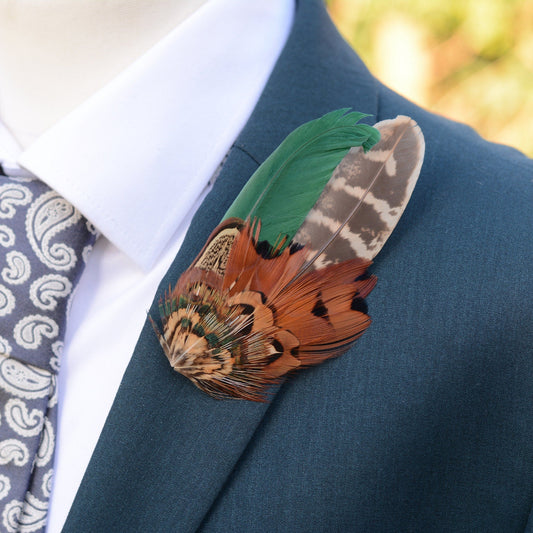 Pheasant Feather Lapel Pin in Green and Copper No.12 | Feather Boutonniere | Pheasant Feather Brooch | Feather Hat Pin | Grooms Outfit