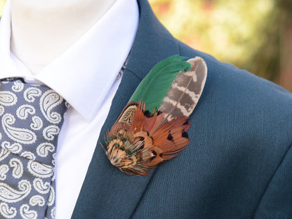 Pheasant Feather Lapel Pin in Green and Copper No.12 | Feather Boutonniere | Pheasant Feather Brooch | Feather Hat Pin | Grooms Outfit