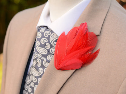 Red Feather Lapel Pin / Hat Pin No.129 | Unique Feather Boutonniere | Feather Brooch