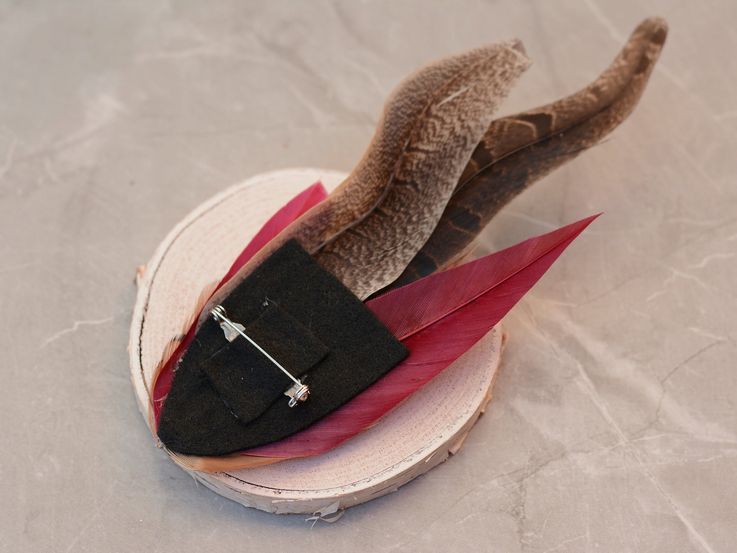 Large Copper Pheasant and Crimson Goose Feather Boutonniere / Hat Pin No.257 | Unique Hat Feather