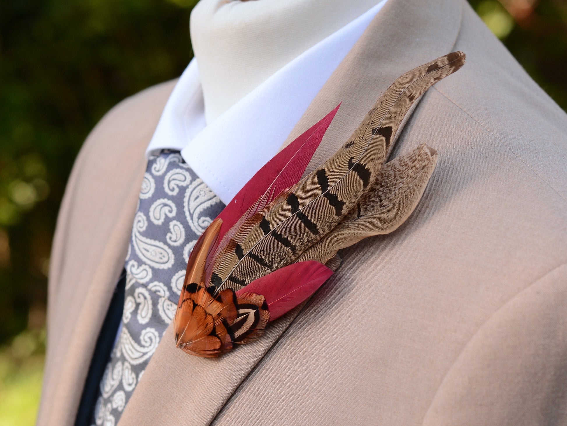 Large Copper Pheasant and Crimson Goose Feather Boutonniere / Hat Pin No.257 | Unique Hat Feather