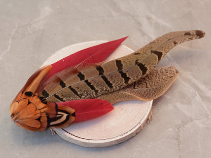 Large Copper Pheasant and Crimson Goose Feather Boutonniere / Hat Pin No.257 | Unique Hat Feather