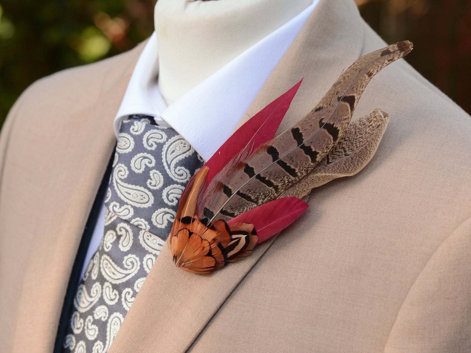 Large Copper Pheasant and Crimson Goose Feather Boutonniere / Hat Pin No.257 | Unique Hat Feather