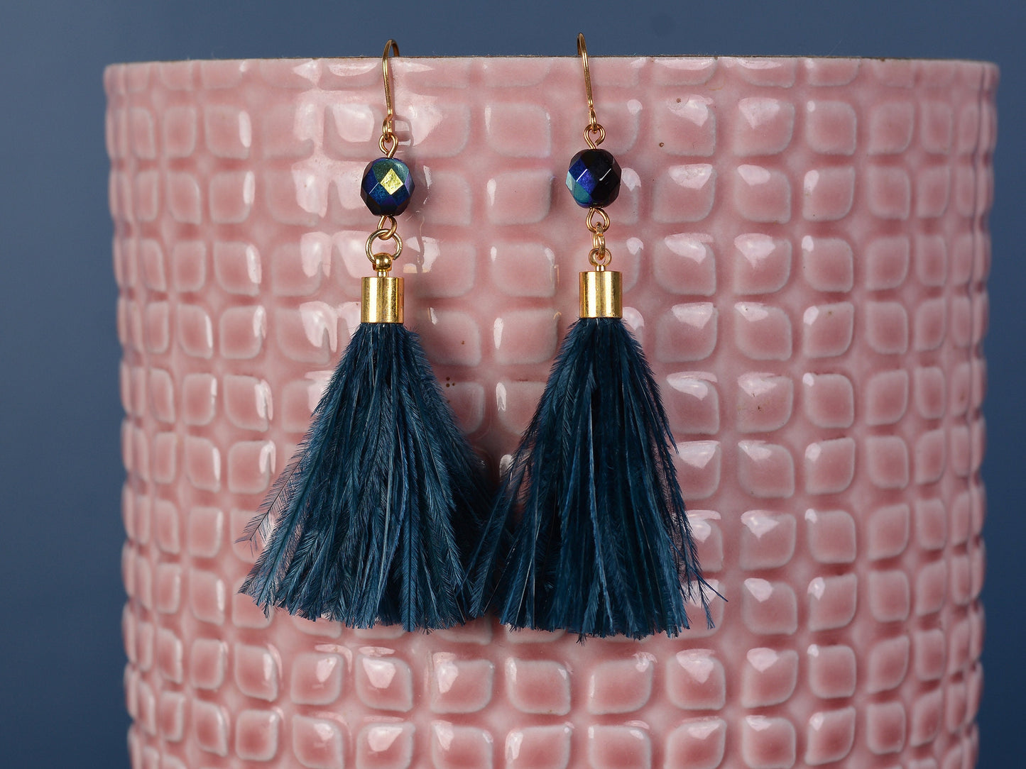 Navy Blue Ostrich Feather Tassel Earrings | Feather Jewellery | Long Earrings