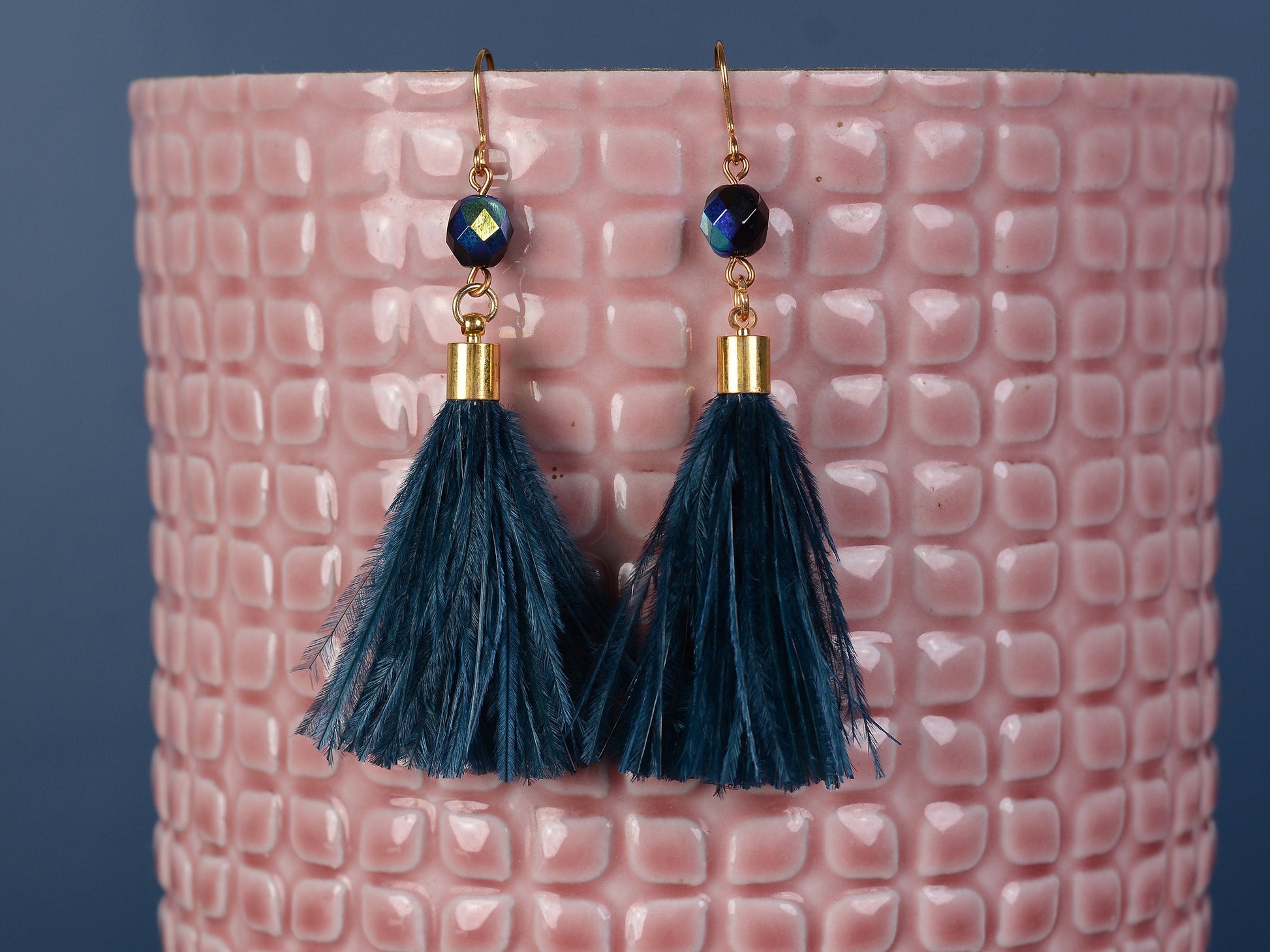 Navy Blue Ostrich Feather Tassel Earrings | Feather Jewellery | Long Earrings