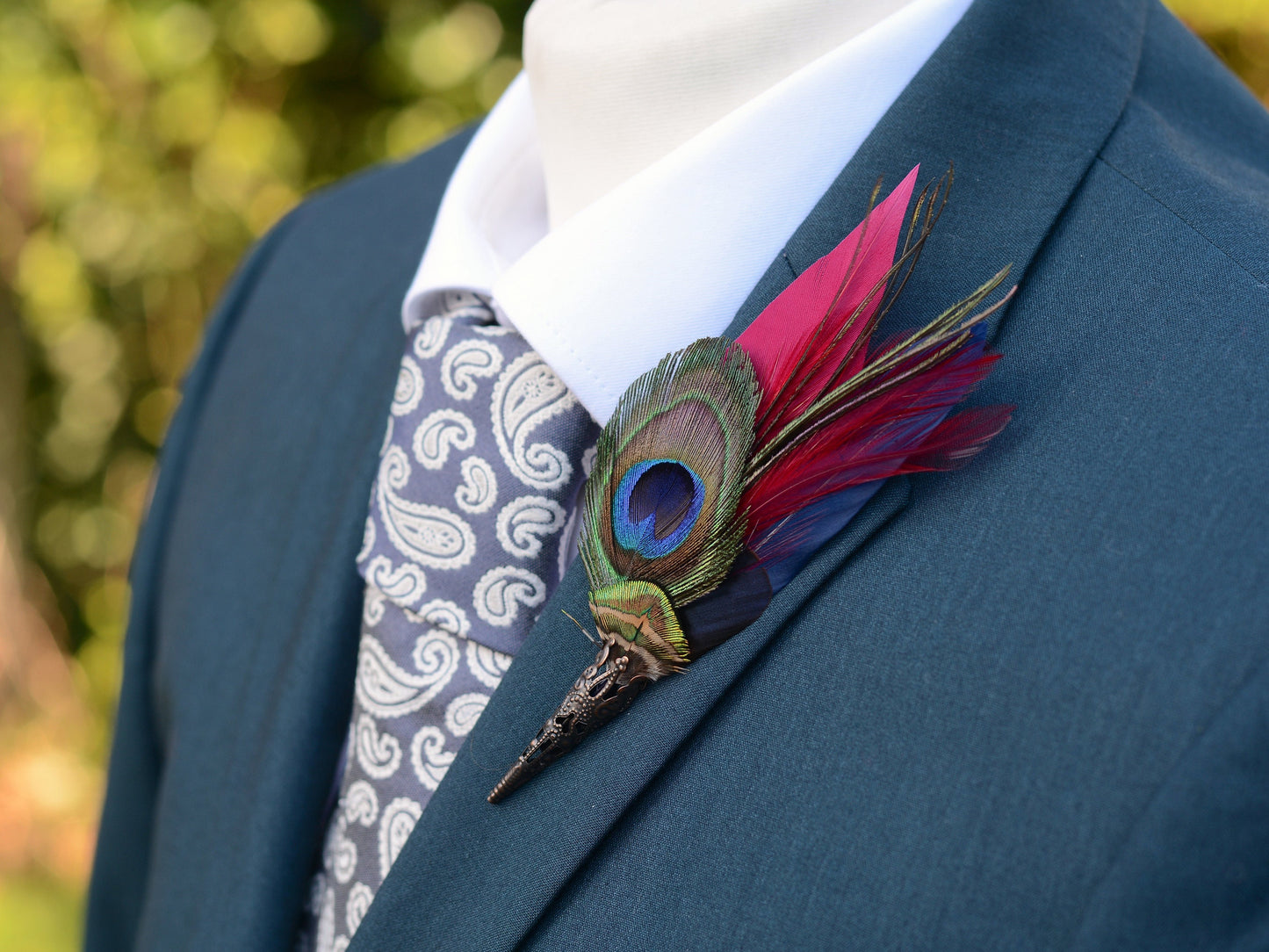 Burgundy and Navy Peacock Feather Boutonniere Pin | Feather Hat Pin | Peacock Feather Brooch