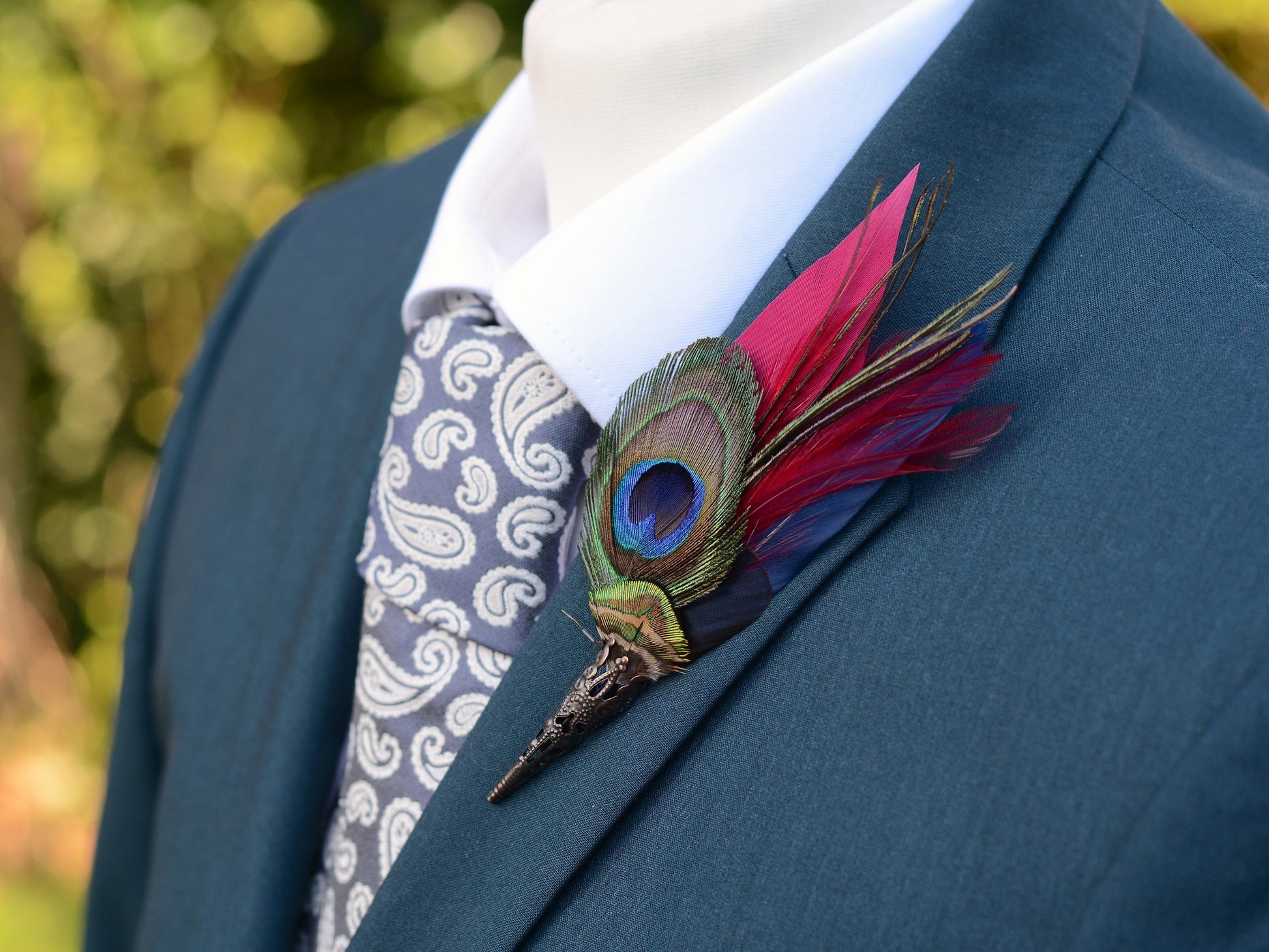 Burgundy and Navy Peacock Feather Boutonniere Pin | Feather Hat Pin | Peacock Feather Brooch