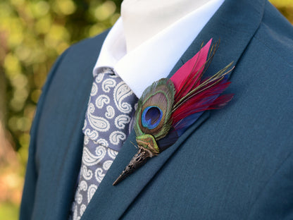 Burgundy and Navy Peacock Feather Boutonniere Pin | Feather Hat Pin | Peacock Feather Brooch