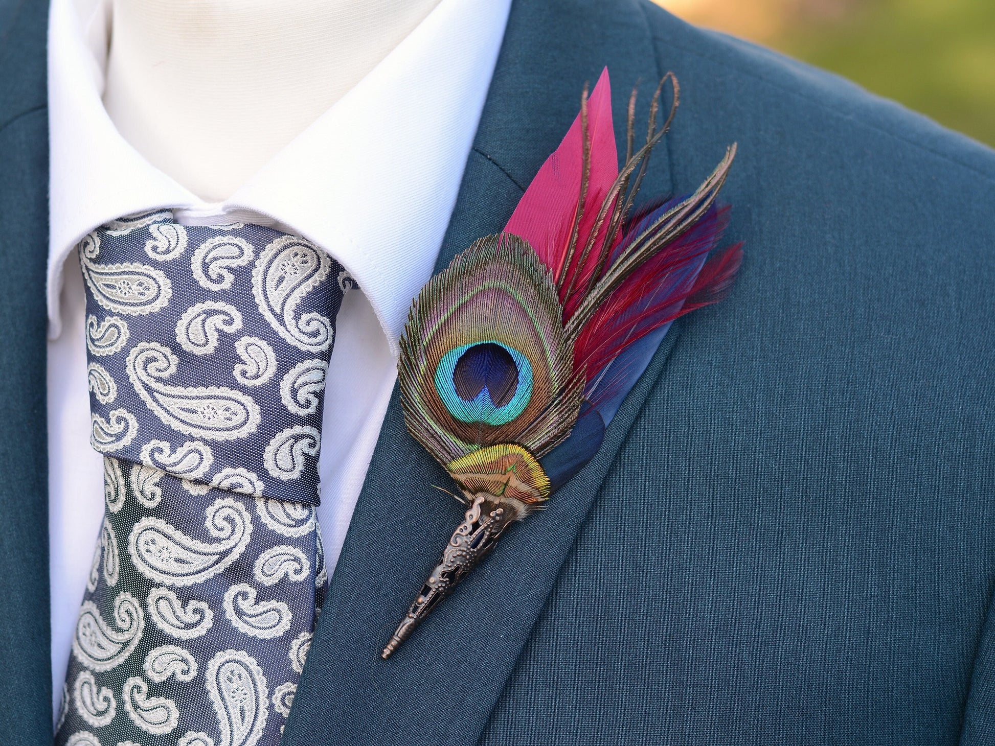 Burgundy and Navy Peacock Feather Boutonniere Pin | Feather Hat Pin | Peacock Feather Brooch