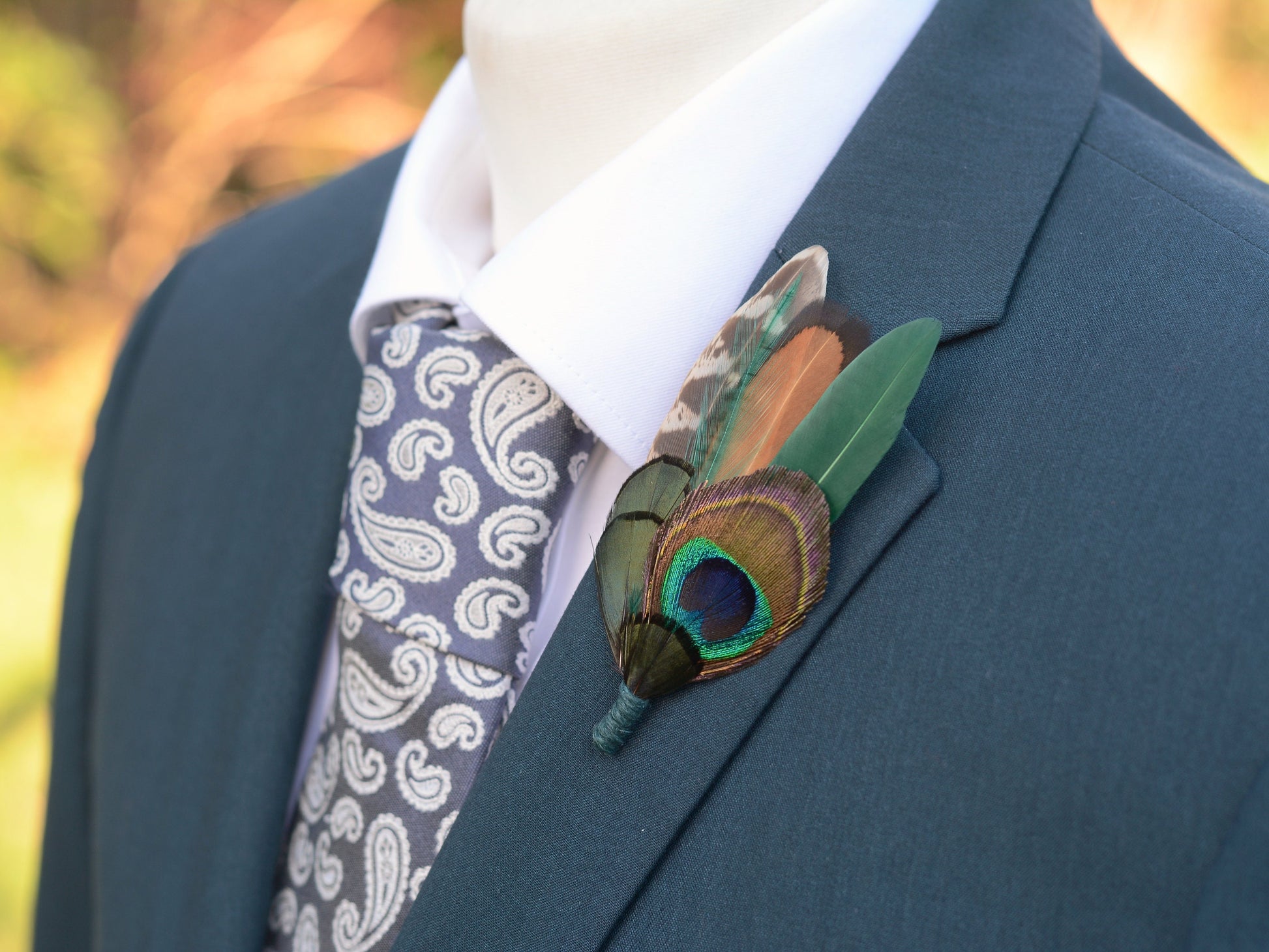 Green Peacock and Pheasant Feather Boutonniere | Peacock Feather Hat Pin | Peacock Feather Brooch