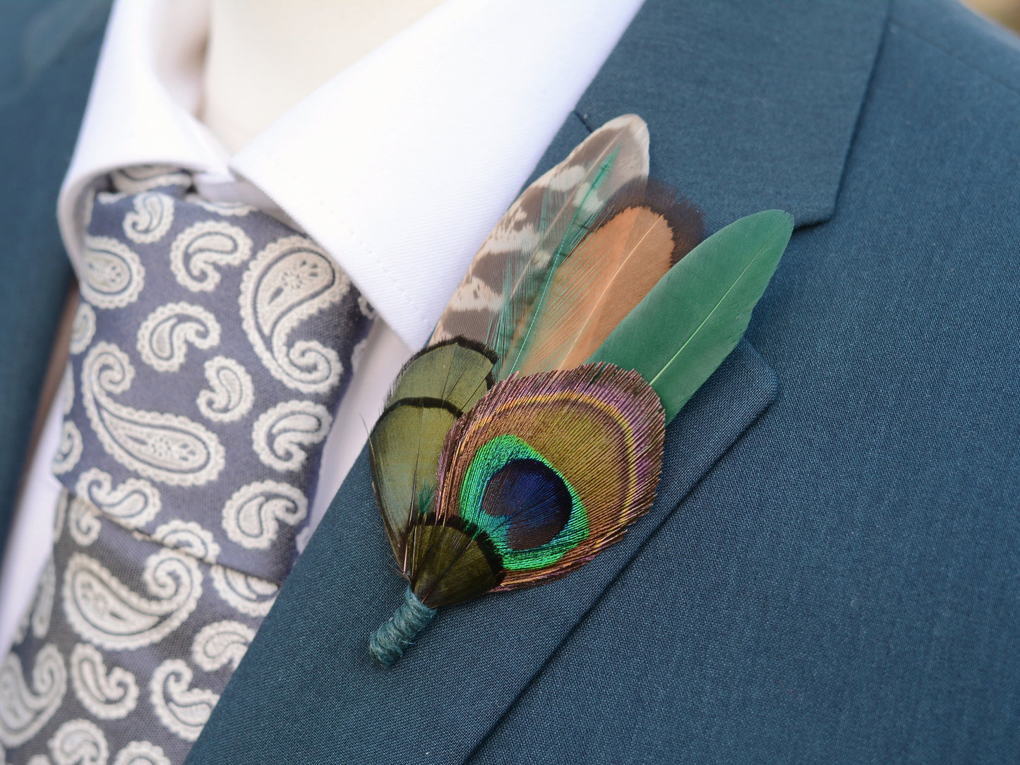 Green Peacock and Pheasant Feather Boutonniere | Peacock Feather Hat Pin | Peacock Feather Brooch