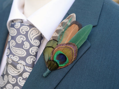 Green Peacock and Pheasant Feather Boutonniere | Peacock Feather Hat Pin | Peacock Feather Brooch