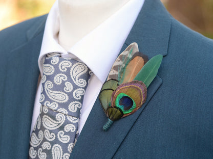 Green Peacock and Pheasant Feather Boutonniere | Peacock Feather Hat Pin | Peacock Feather Brooch