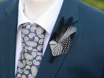 Feather Brooch Pin in Monochrome Black and White | Feather Boutonniere | Pheasant Feather Lapel Pin | Feather Hat Pin
