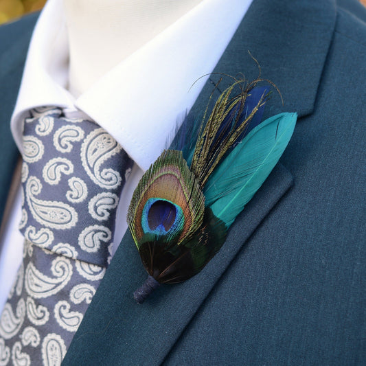 Teal Turquoise and Navy Peacock Feather Hat Pin / Brooch | Peacock Feather Boutonniere | Peacock Feather Brooch