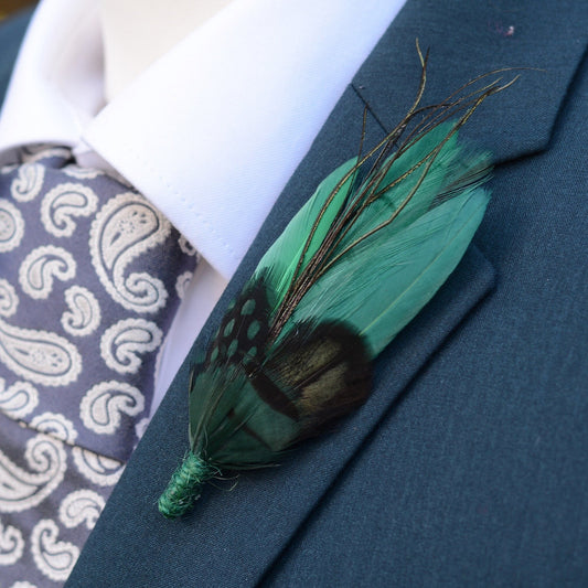 Shades of Green Feather Brooch Pin | Duck Feather Boutonniere | Green Feather Hat Pin | Feather Lapel Pin
