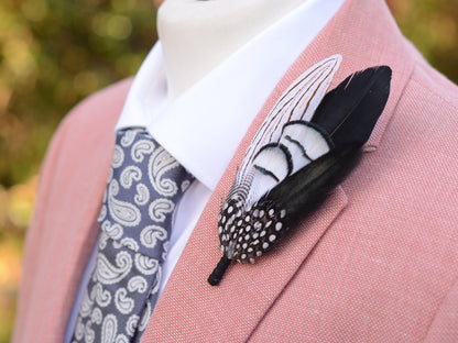 Monochrome Feather Lapel Pin Large No.1 | Feather Boutonniere | Pheasant Feather Brooch | Feather Hat Pin