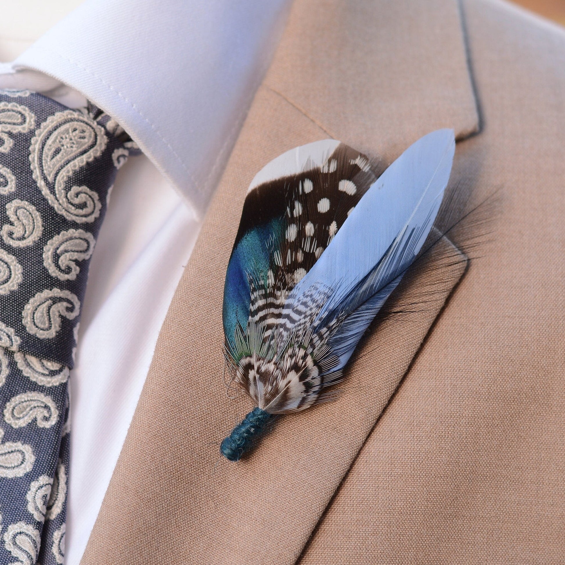 Small Navy and Pastel Blue Feather Boutonniere / Hat Pin | Blue Feather Pin | Duck Feather Brooch