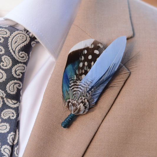 Small Navy and Pastel Blue Feather Boutonniere / Hat Pin | Blue Feather Pin | Duck Feather Brooch