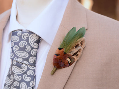 Green and Copper Pheasant Feather Lapel Pin | Feather Boutonniere | Duck Feather Brooch