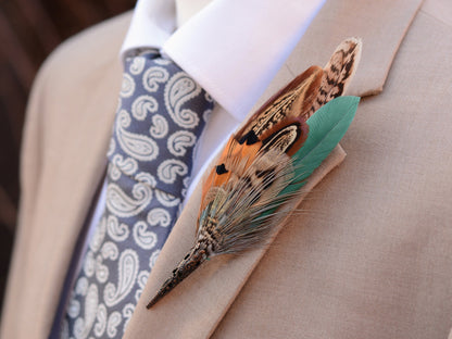 Natural Pheasant Feather Boutonniere / Hat Pin | Pheasant Feather Brooch | Wedding Corsage