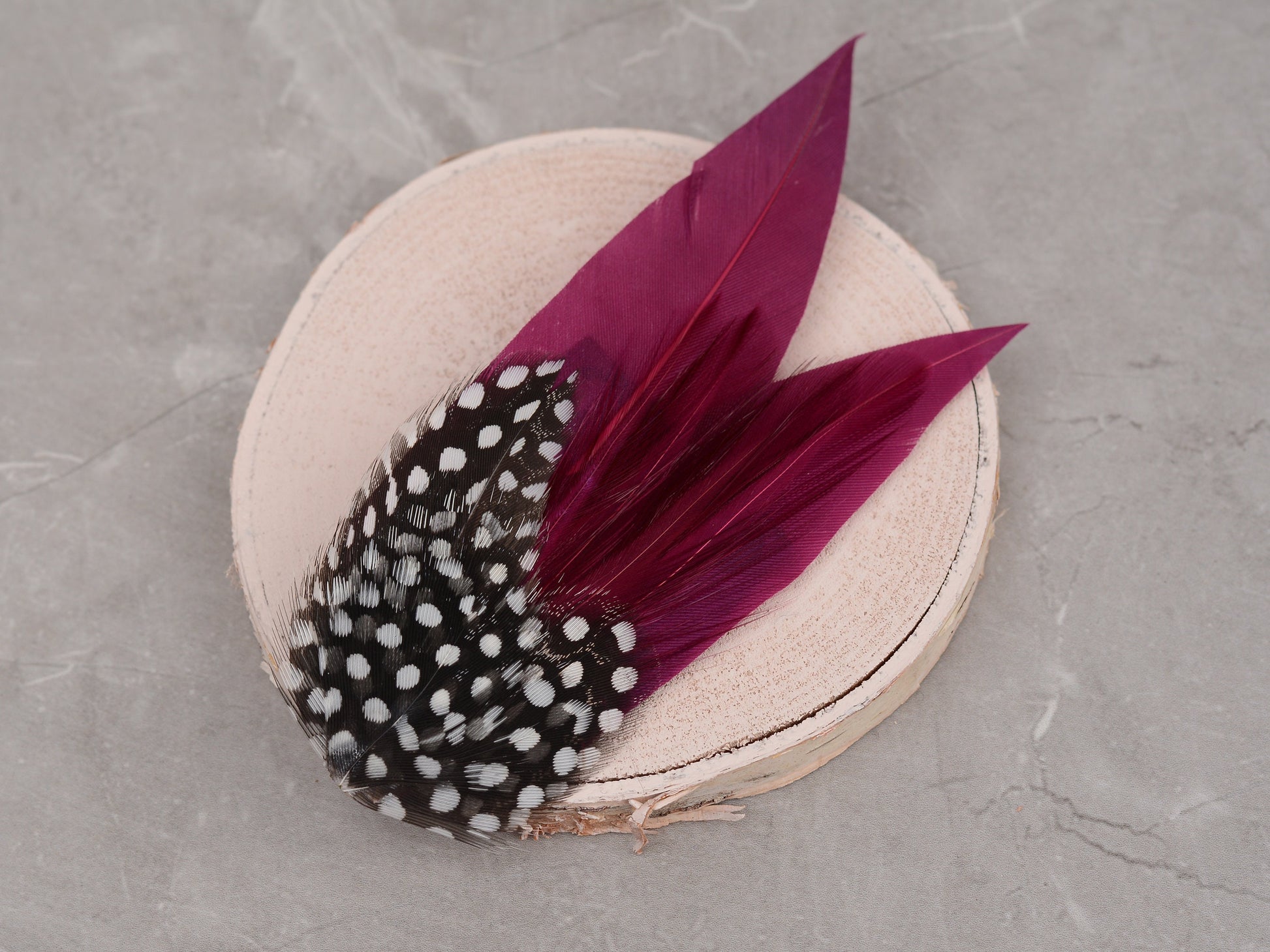 Plum Purple Feather Lapel Pin with Spotted Guinea Fowl Feathers | Feather Boutonniere | Feather Brooch | Feather Hat Pin | Plum Lapel Pin