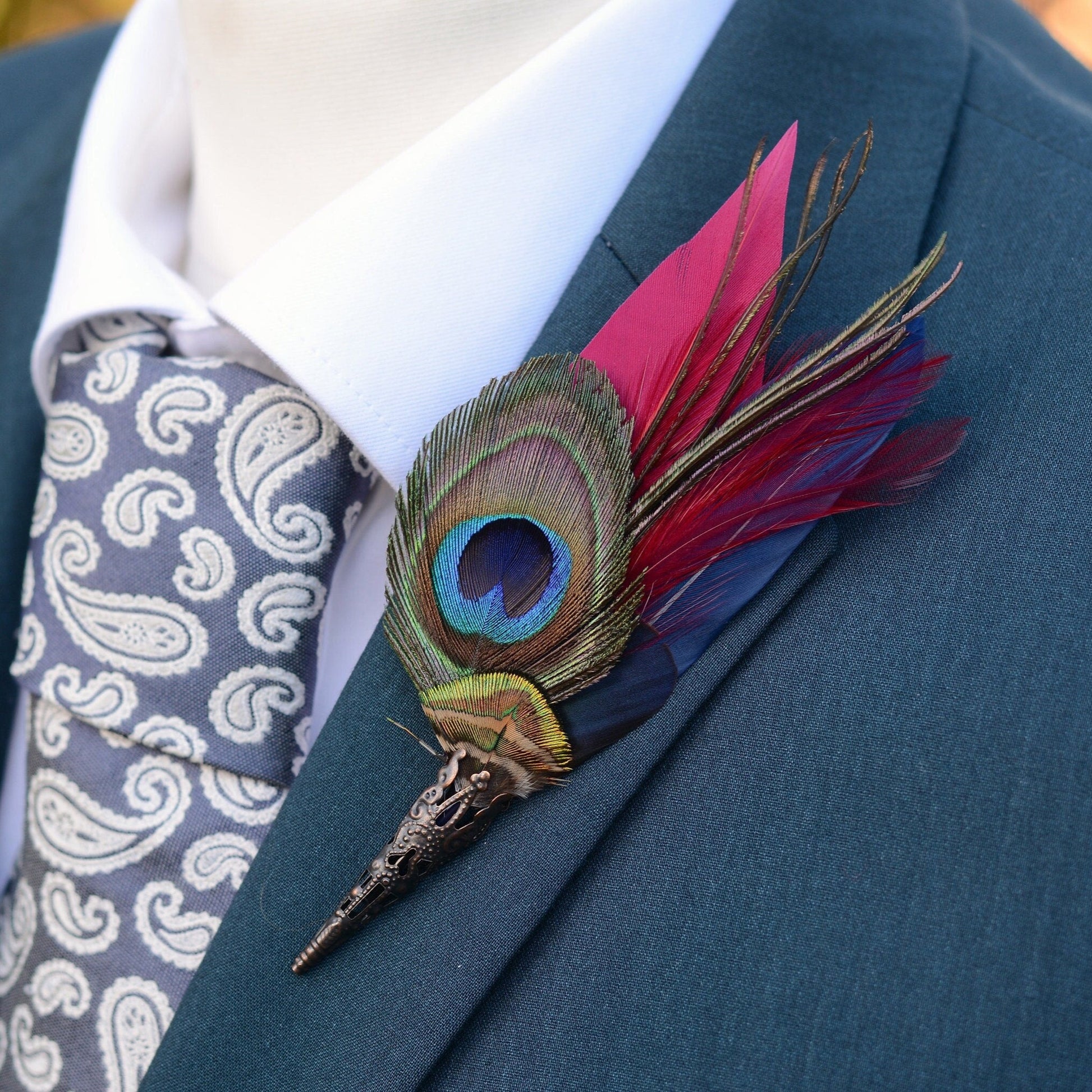 Burgundy and Navy Peacock Feather Boutonniere Pin | Feather Hat Pin | Peacock Feather Brooch