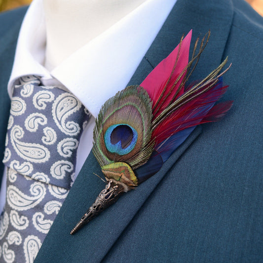 Burgundy and Navy Peacock Feather Boutonniere Pin | Feather Hat Pin | Peacock Feather Brooch