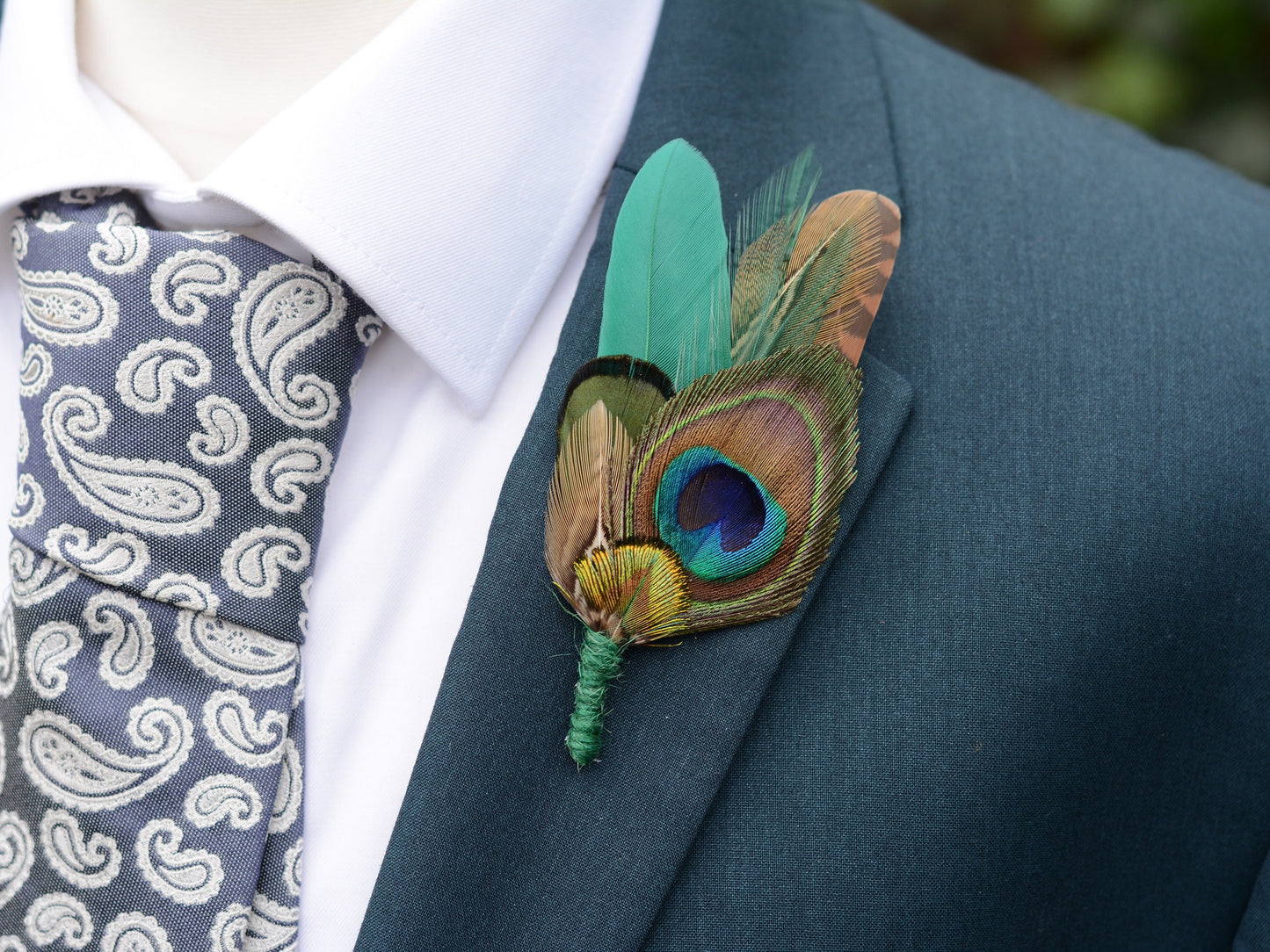 Green Pheasant and Peacock Feather Pin | Peacock Feather Boutonniere | Peacock Feather Brooch