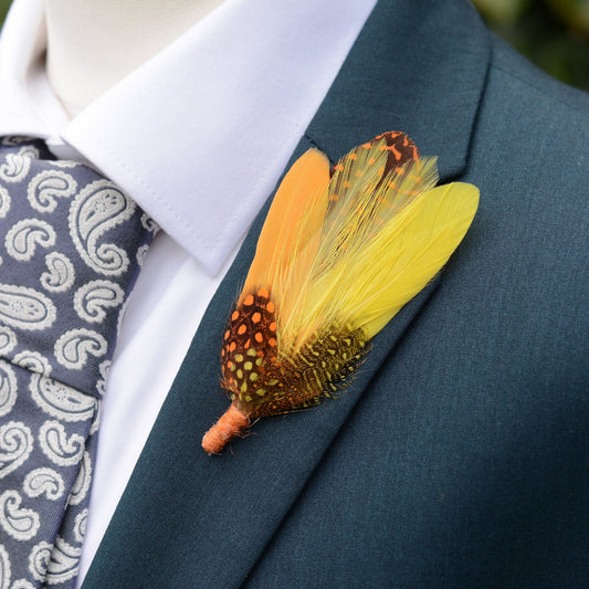 Fall Orange Dyed Feather Boutonniere Pin Small no.204 | Pheasant Feather Lapel | Feather Brooch | Feather Hat Pin
