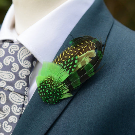 Shades of Green Dyed Feather Hat Pin Small no.163 | Pheasant Feather Boutonniere | Feather Brooch | Feather Hat Pin